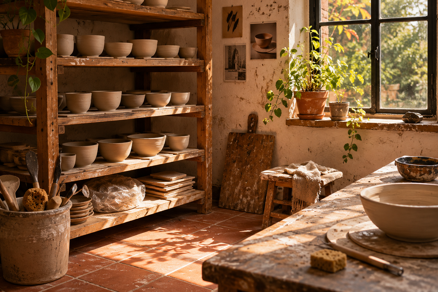 Interior del taller de Arcilla Madre con estanter&iacute;as de cuencos
