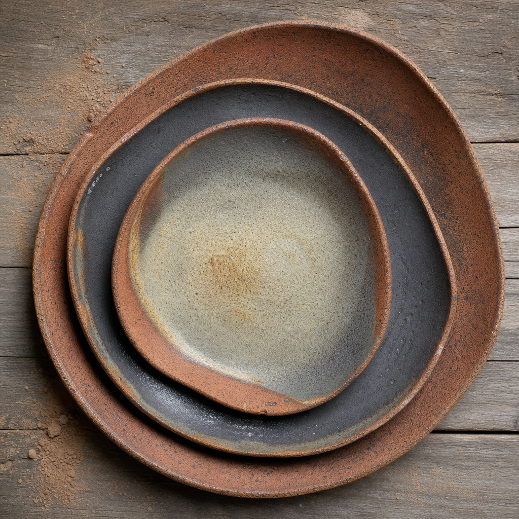 Tres platos artesanales apilados, vistos desde arriba