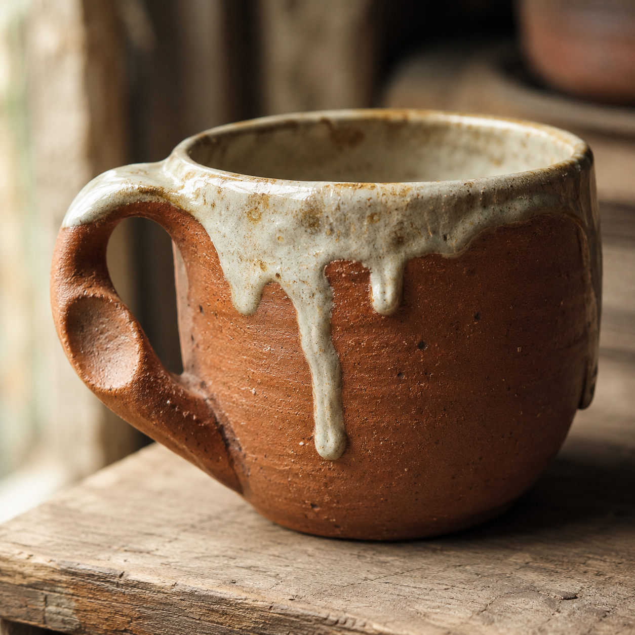 Taza artesanal con asa y goteo de esmalte