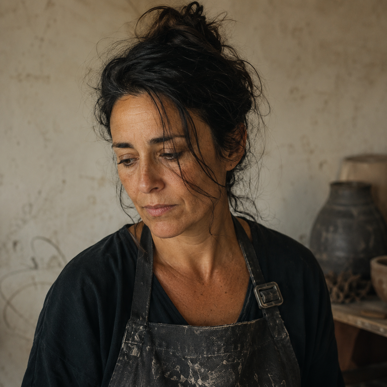 Retrato editorial de Luc&iacute;a Ram&iacute;rez en el taller con delantal manchado de barro