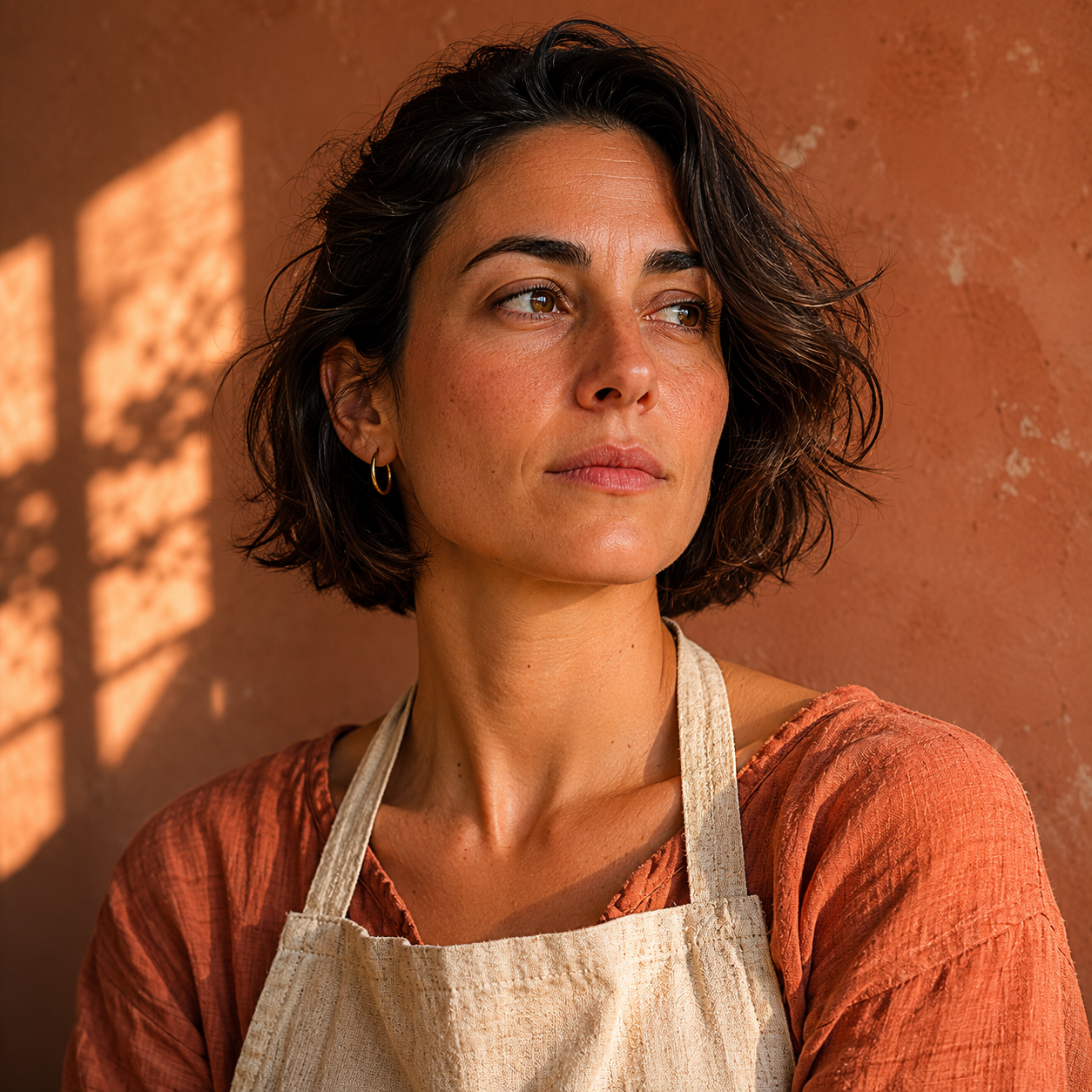 Retrato editorial de Mireia Cano en el taller, pelo corto, delantal de lino