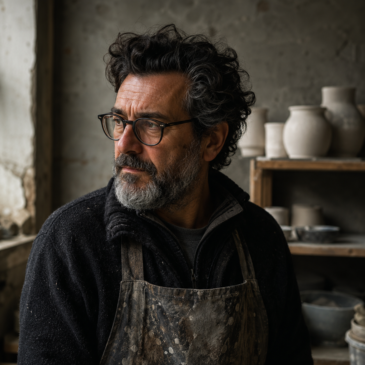 Retrato editorial de Tom&aacute;s Aragon&eacute;s con gafas y barba canosa, delantal manchado de esmalte